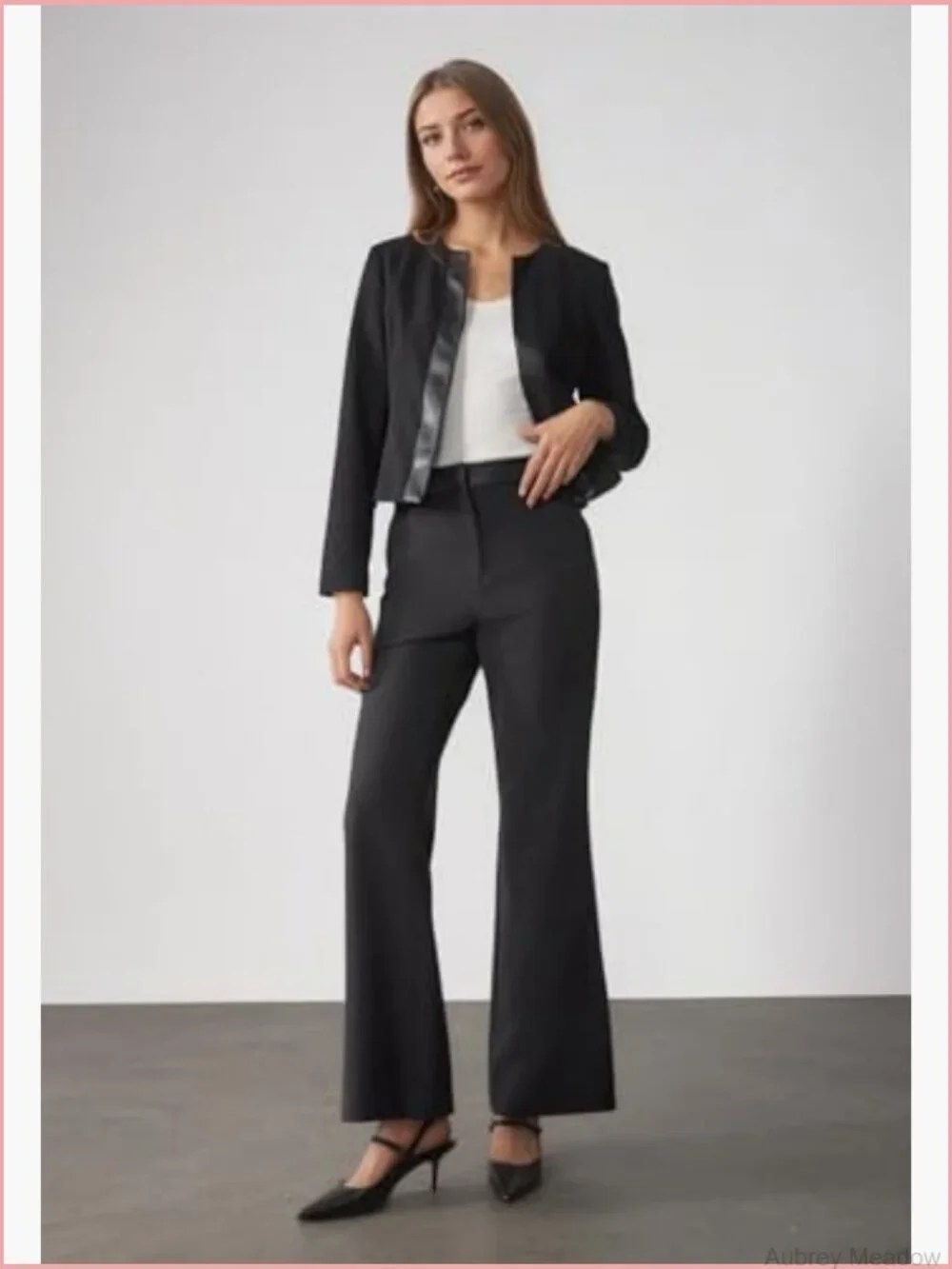 Collarless Blazer Jacket with Faux Leather Trim, Long Sleeve, Cropped